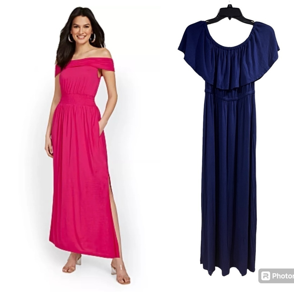 Elegant Navy Blue Off-Shoulder Maxi Dress Flowy, Boho-Inspired, Summer Chic XS